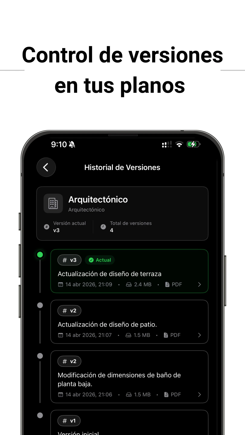 Historial de versiones de un plano con identificación de la versión vigente