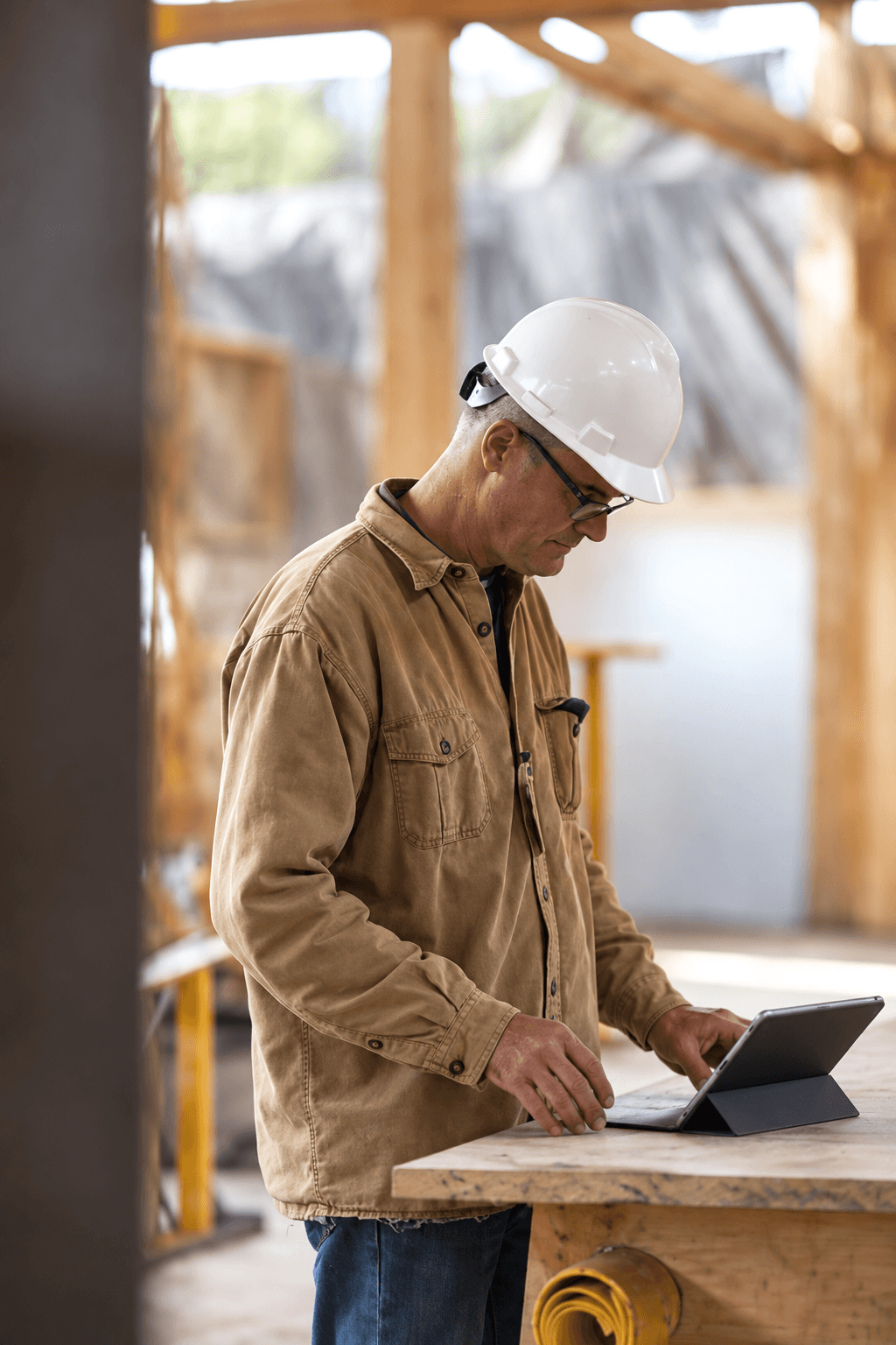 Gerente de construcción revisando el control de obra desde una tableta