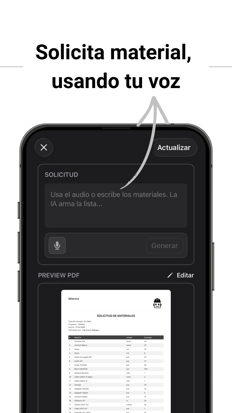 Solicitud de materiales de obra por voz con vista previa en PDF