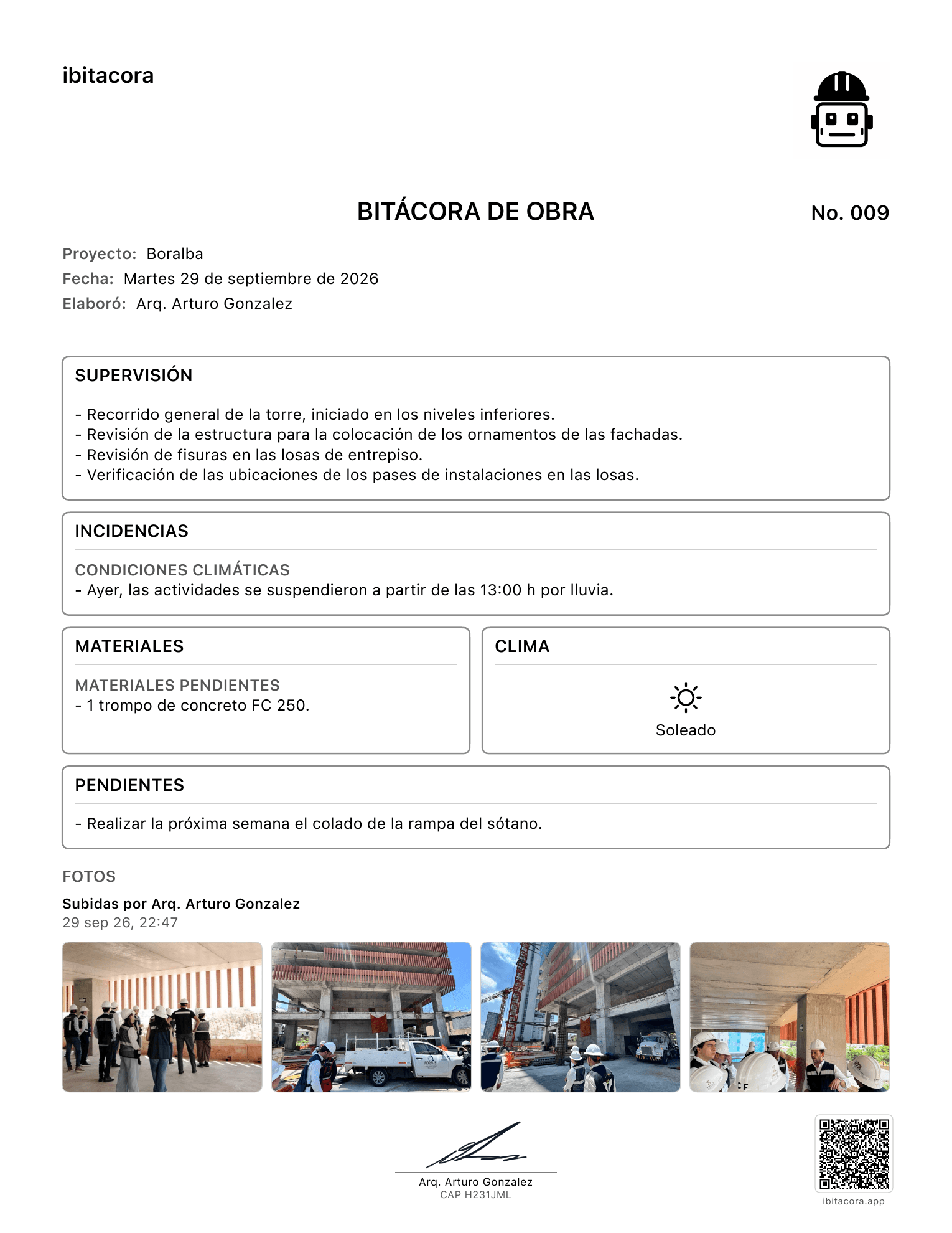 Bitácora de obra Boralba con supervisión, materiales, clima, fotografías, firma y código QR